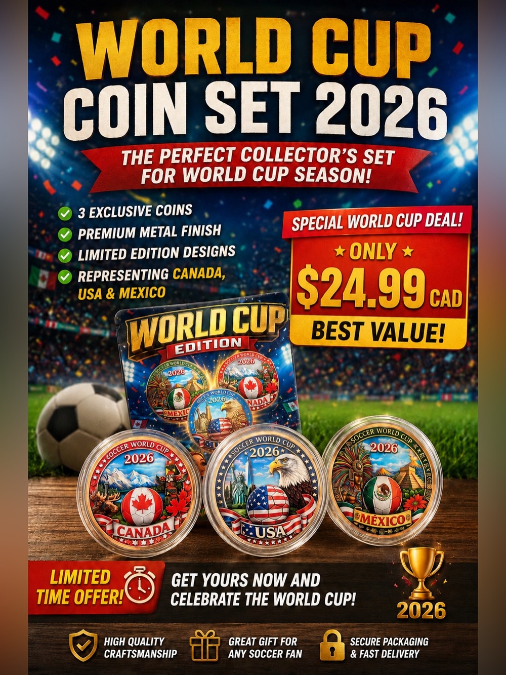 2026 Soccer World Cup Commemorative Coin Round Lot 3pc Set USA Canada Mexico